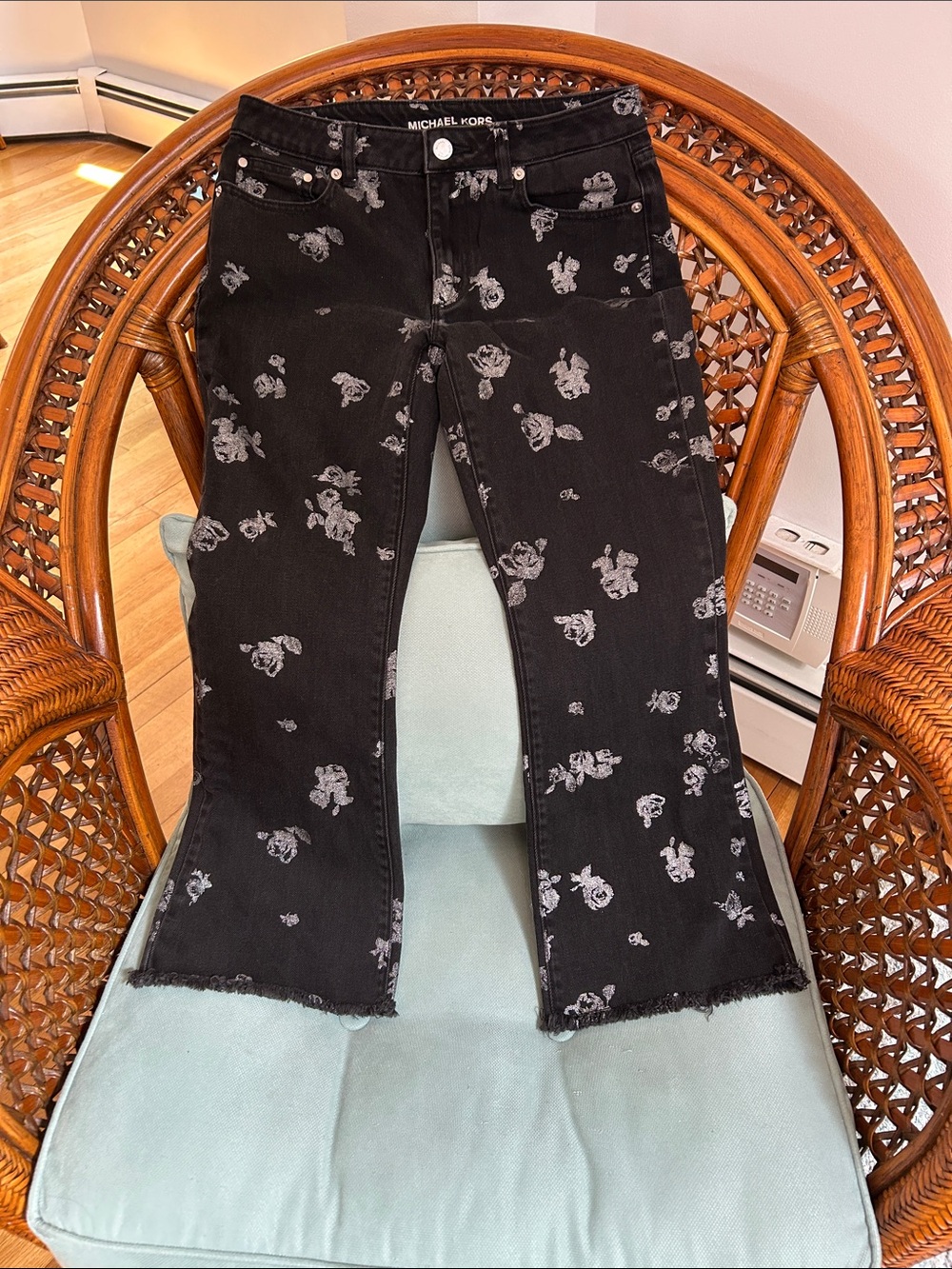 Michael Kors Black Floral Print Crop Flare Jeans